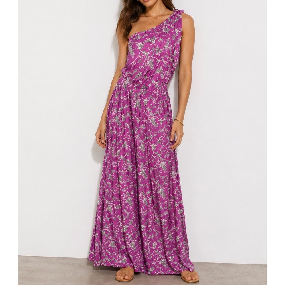 Skemo Island Vibe Maxi Dress Womens Small Fuchsia One Shoulder Floral Resort Boh